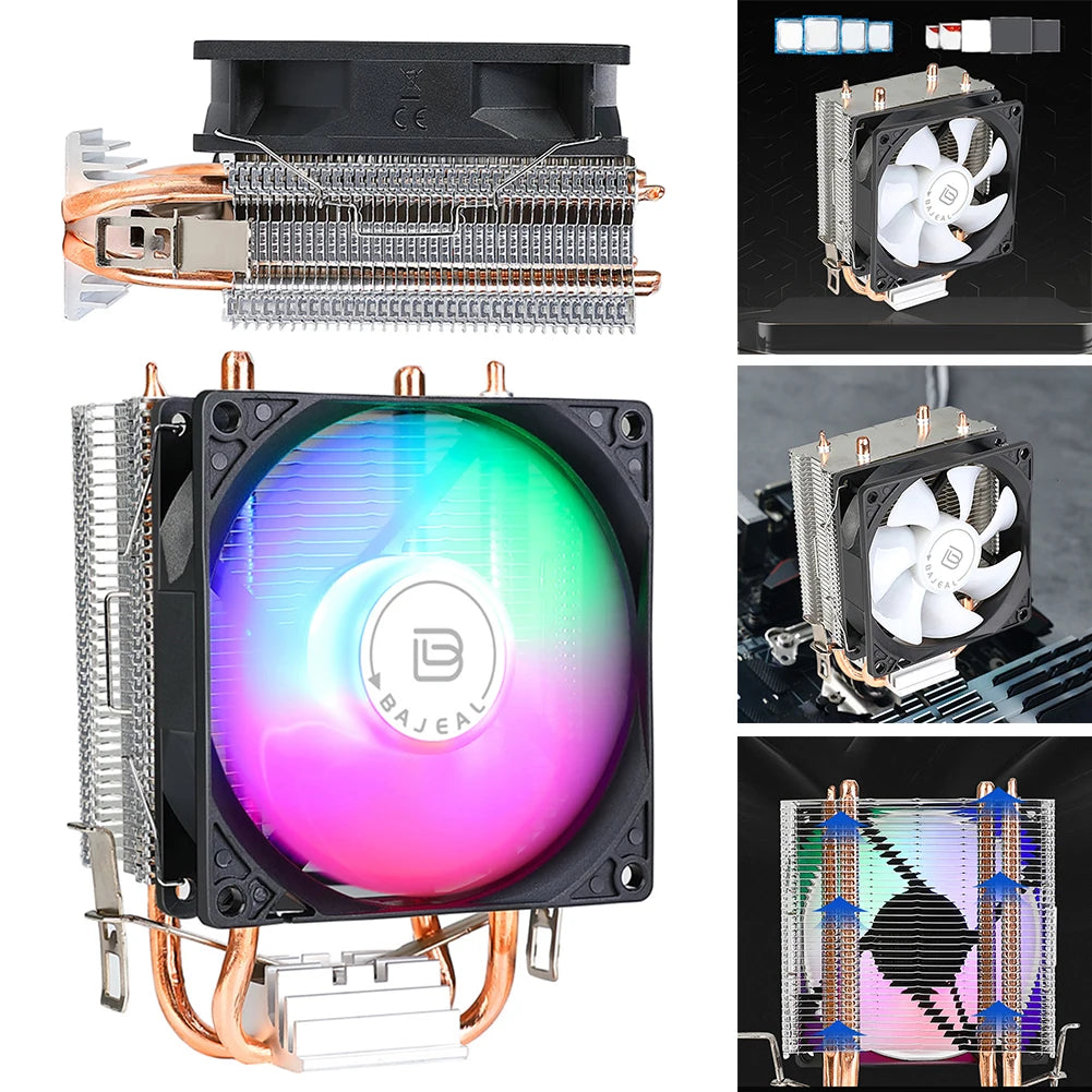 90Mm CPU Cooler with 2 Heat Pipes Quiet Rainbow RGB Cooling Fan CPU Cooling Fan for Intel LGA 775 1150/1151/1155/1156/1200 AMD