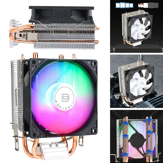 90Mm CPU Cooler with 2 Heat Pipes Quiet Rainbow RGB Cooling Fan CPU Cooling Fan for Intel LGA 775 1150/1151/1155/1156/1200 AMD