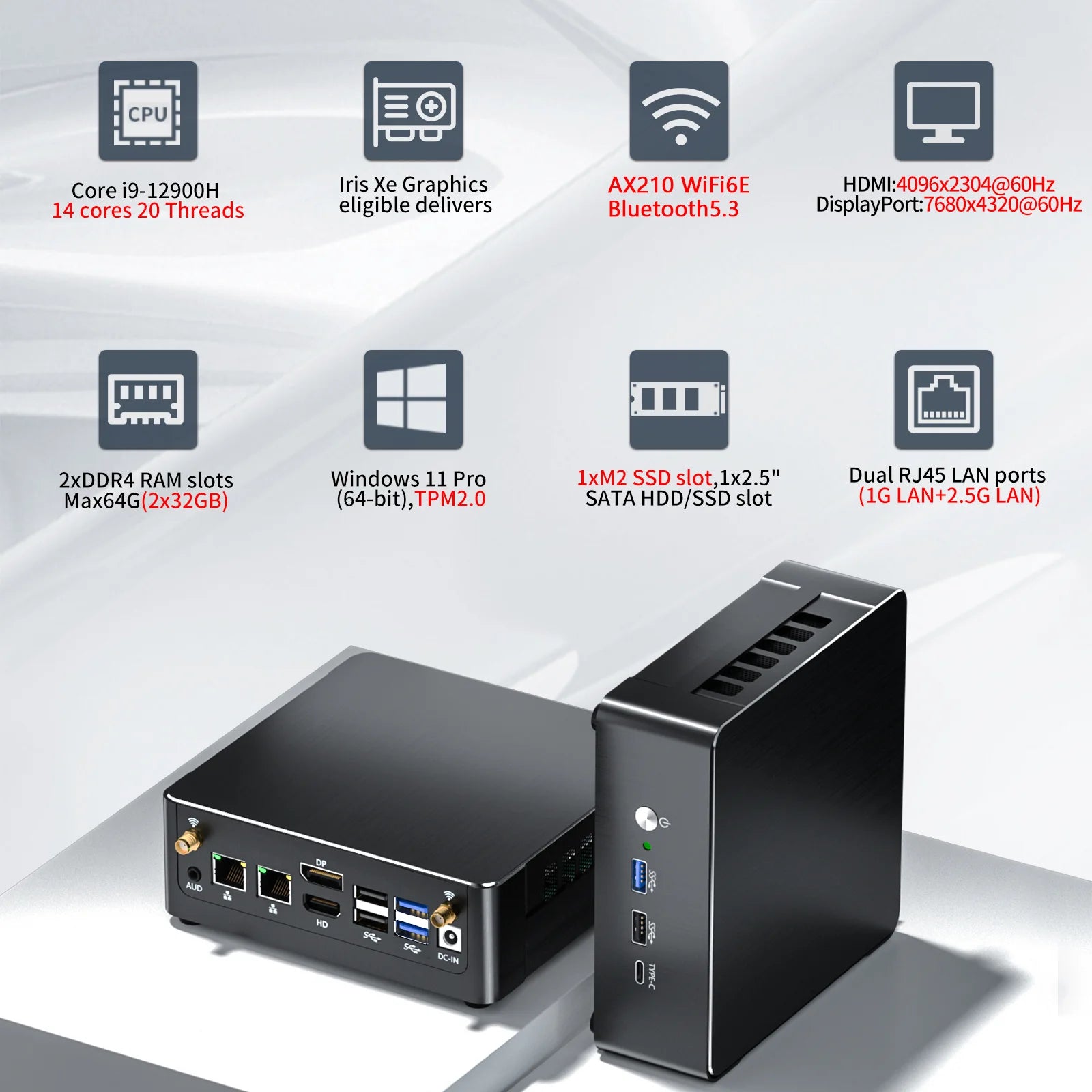 Mini PC I9, Desktop Computer with Core I9-12900H 3.8-5.0Ghz, Windows 11 Pro, 16G DDR4, 256G M.2 PCIE4.0 SSD, DP/HDMI/USB-C Port, 8K@60Hz, Dual LAN, 1X2.5G RJ45 LAN, Wifi6E/Bt5.3, USB3.2, VESA
