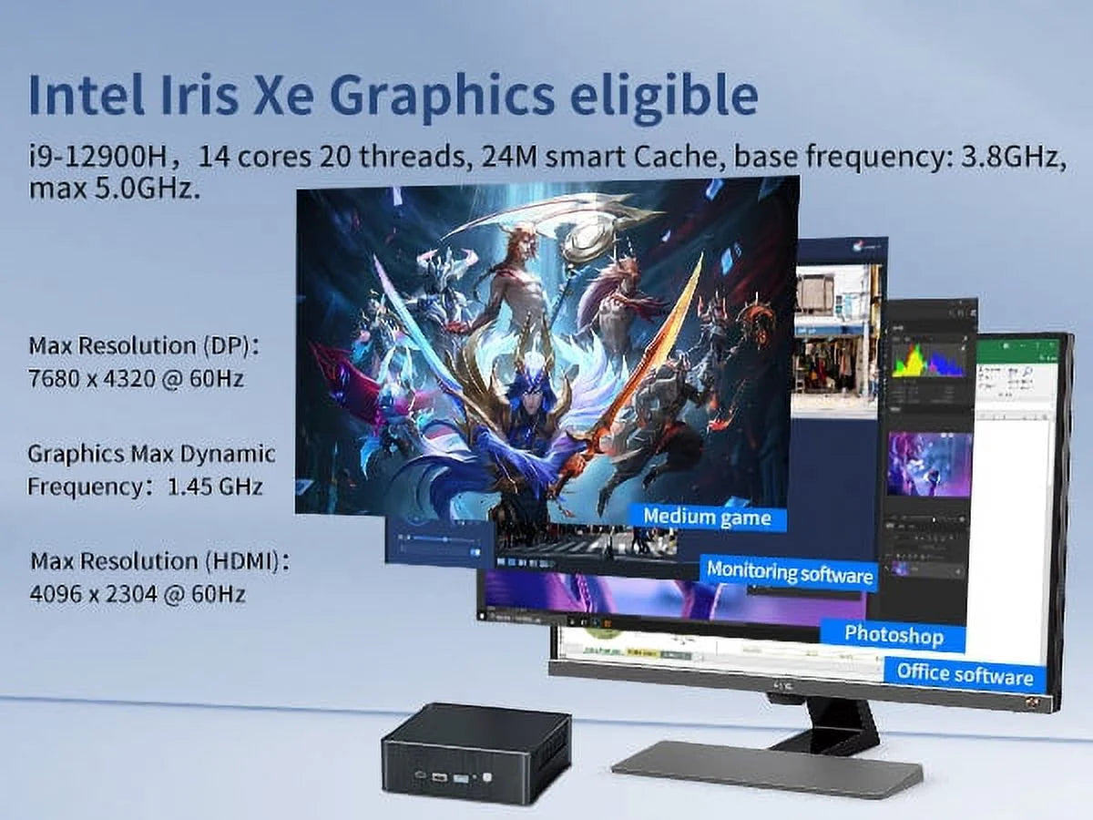 Mini PC I9, Desktop Computer with Core I9-12900H 3.8-5.0Ghz, Windows 11 Pro, 16G DDR4, 256G M.2 PCIE4.0 SSD, DP/HDMI/USB-C Port, 8K@60Hz, Dual LAN, 1X2.5G RJ45 LAN, Wifi6E/Bt5.3, USB3.2, VESA