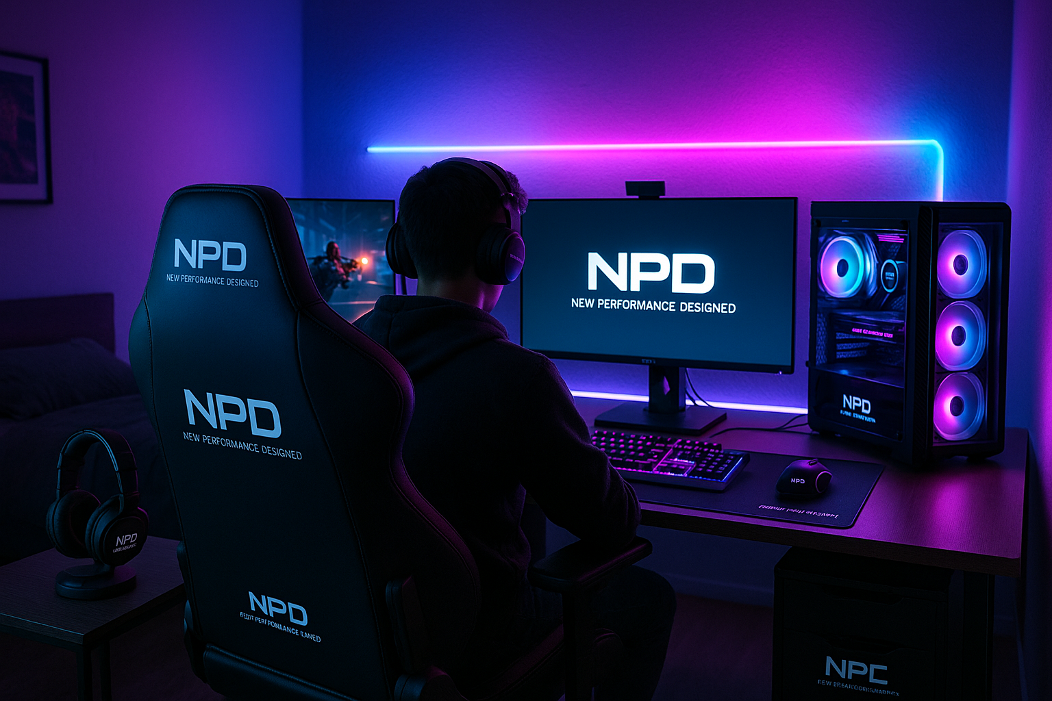 je-veux-un-fond-avec-une-personne-qui-est-assise-sur-une-chaise-devant-sur-bureau-en-train-de-jouer-des-jeux-vid-os-dans-sa-chambre-le-tout-dans-une-ambiance-gaming-et-moderne avec ecrit "NPD New Performance Designed" sur l'ordinateur et les accessoires (chaises, clavier, ecran...)